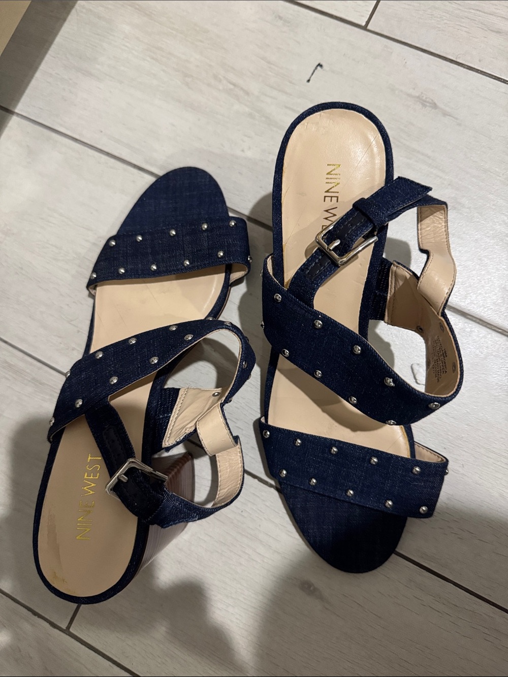 Nine West Navy Studded Crisscross Heel Sandals